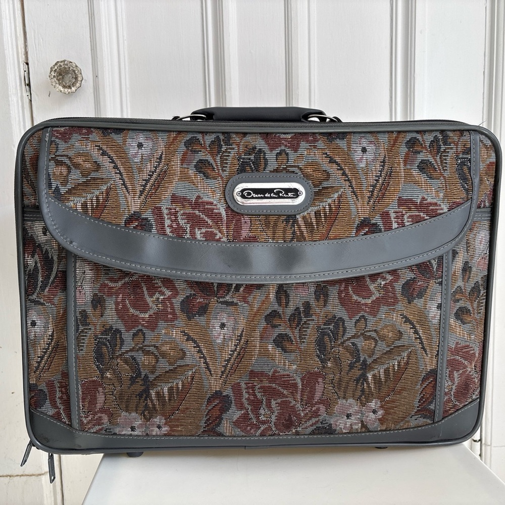 Vintage Oscar de La Renta Grey Brown Maroon Floral Tapestry Suitcase